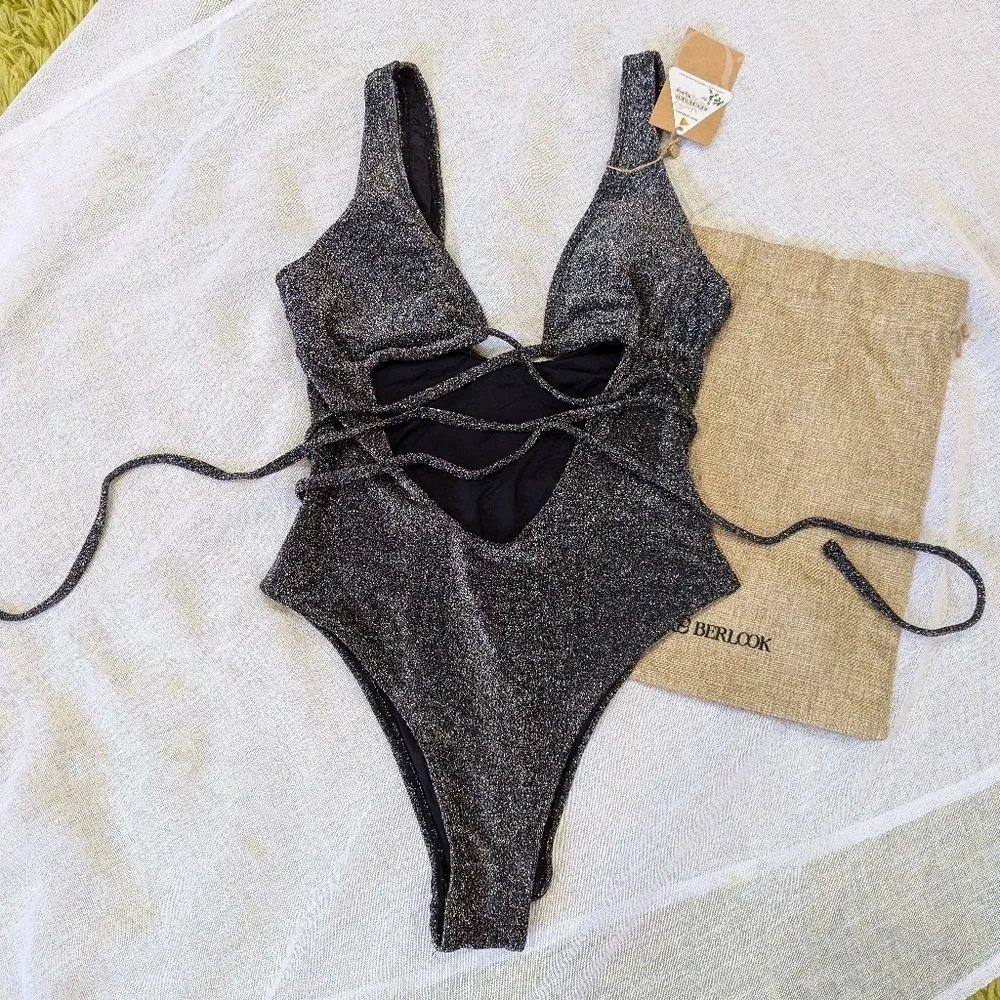 BNWT / Berlook/ Small / Large  Black Lurex Cutout-Front One-Piece Swimsuit